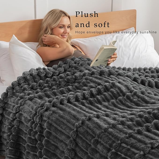 Exclusivo Mezcla King Size Flannel Fleece Blanket, Super Soft Striped Jacquard Bed Blanket, Lightweight Fuzzy Cozy for All Seasons, 90x104 Inches, Dark Grey