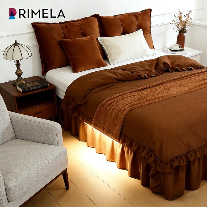 RIMELA Bed Skirt Queen Size 15 Inch Drop, Elastic Bed Skirting for Bed Base and Frame, Bedding Dust Ruffle Easy to Install, Wrap Around Adjustable Bedskirt, Chocolate Brown