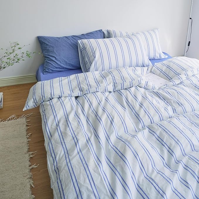 Blue Striped Duvet Cover Set Twin, Modern Style Soft 100% Washed Cotton Bedding Set, 3 Pieces Blue Stripes Pattern Printed Comforter Cover, Retro Striped Breathable Duvet Cover with Zipper Closure