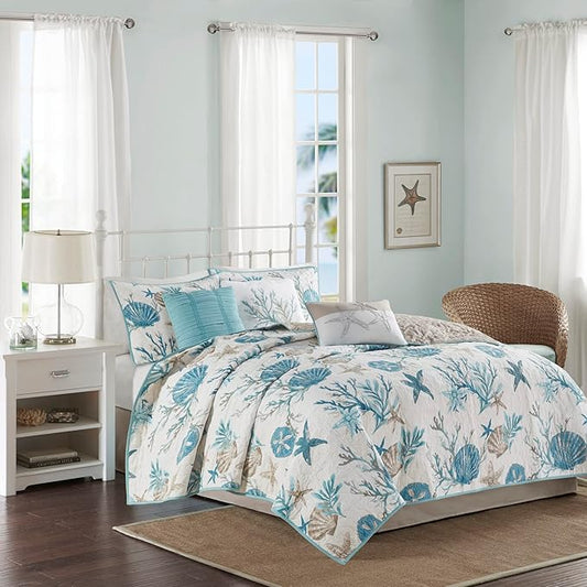 Madison Park Quilt Set Cottage Coastal Design, Starfish Print - All Season Lightweight Coverlet Bedding Layer, Shams, Toss Pillows, Pebble Beach, Aqua, Full/Queen(90 in x 90 in) 6 Piece