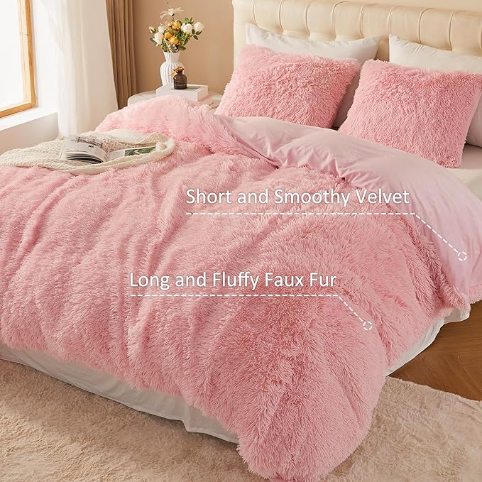 EMME Luxury Fuzzy Duvet Cover Set Queen Size 3 Pieces Pink Fluffy Comforter Cover Set for Queen Bed Shaggy and Plush Soft Bedding Duvet Covers (Pink, Queen)