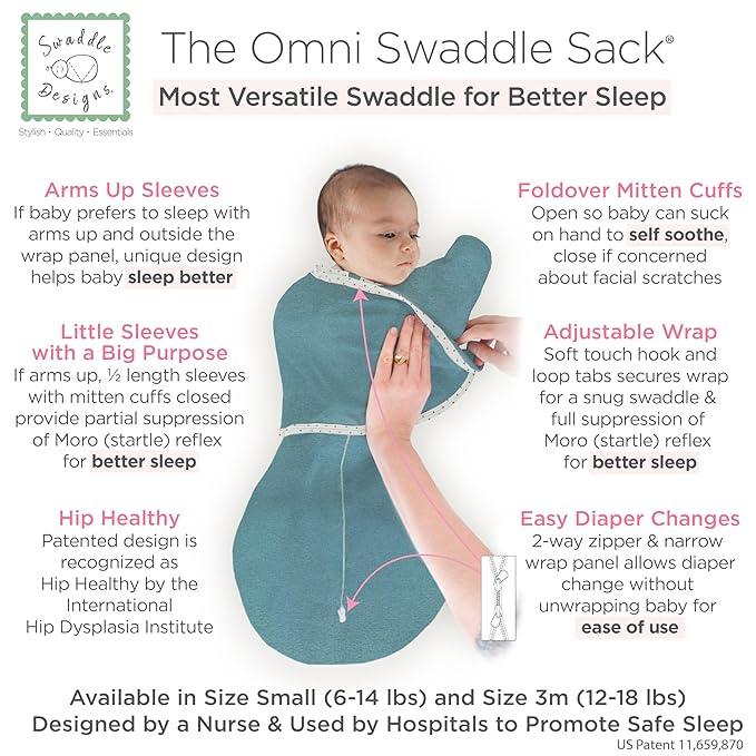 SwaddleDesigns 6-Way Omni Swaddle Sack Arms Up Swaddle for Newborn, More Options to Calm Startle Reflex, Improves Sleep, Easy Transition Baby Sleep Sack, Small, 0-3 Mo, 6-12 lbs, Heathered Teal