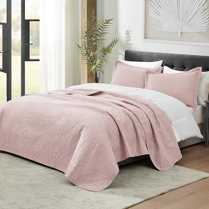 Hansleep Pink Quilt California King Size - Baroque Ultrasonic Summer Bedspread California King, Soft Lightweight Coverlet Bedding Set, 3 Pieces (1 Quilt, 2 Pillow Shams)
