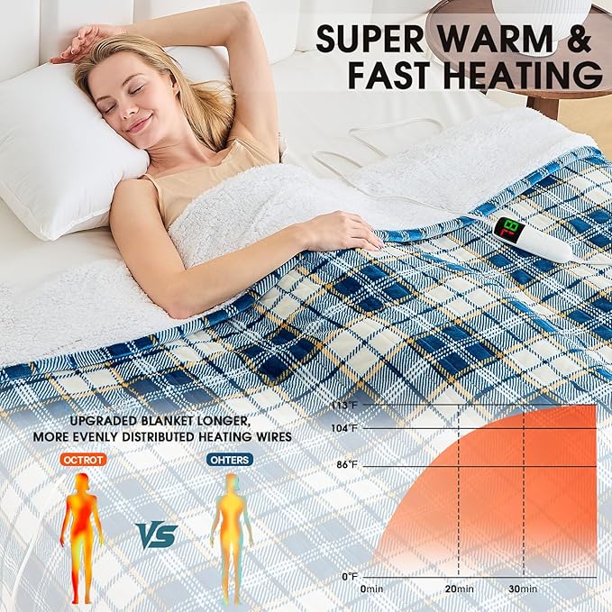 Blue Heated Blanket Electric Throw 50X60 Heating Throw with 10 Levels 8 Hours Auto Off, Plaid Sherpa Blanket Winter Warmer, Christmas Housewarming Gifts for Women Mom, Home Decor for Couch Bed Office