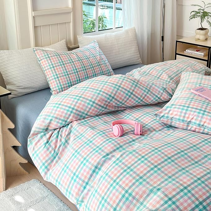 LifeTB Gingham Comforter Set Full Size Colorful Plaid Checkered Pattern Comforter Geometric Grid Plaid Printed Bedding Comforter Set with 2 Pillowcases Luxury Soft Fluffy Gingham Bedding Set Full