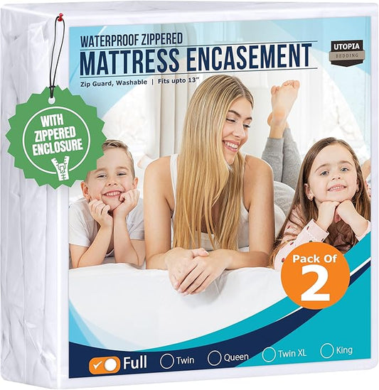 Utopia Bedding Mattress Protector Zippered Full Size (Pack of 2), 100% Waterproof Bed Bug and Dust Mite Proof Mattress Encasement, Absorbent 6 Sided Mattress Cover