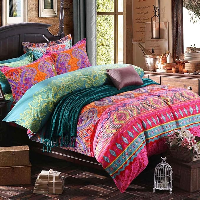 NANKO Queen Duvet Cover Set Boho Red and Green Colorful Vintage Striped Print 3pc 90 x 90 Luxury Soft Microfiber Down Comforter Quilt Bedding Cover with Zipper Ties - Bohemian Exotic for Men and Women