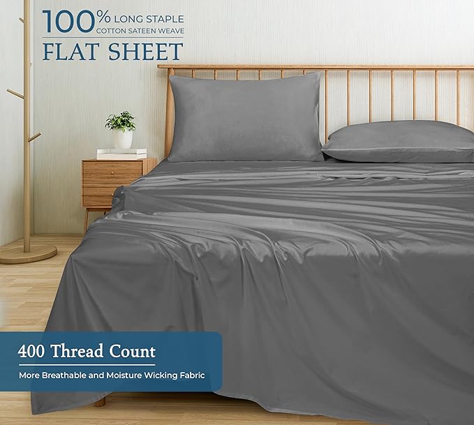Royale Linen 400 Thread Count 100% American Grown Cotton Flat Sheet - Cooling Sheets - Full Sheets - Luxury Sateen Weave - Full Flat Sheet Sold Separately - Grey Flat Sheet Only (Full, Spanish Slate)
