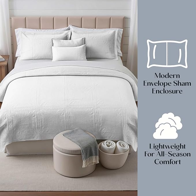 Hearth & Harbor Twin Quilt Set – All-Season Lightweight Bedspread & Coverlet with Pinsonic Weave - 5 Piece Twin Quilt Set with Pillow Shams, White - Twin Grid