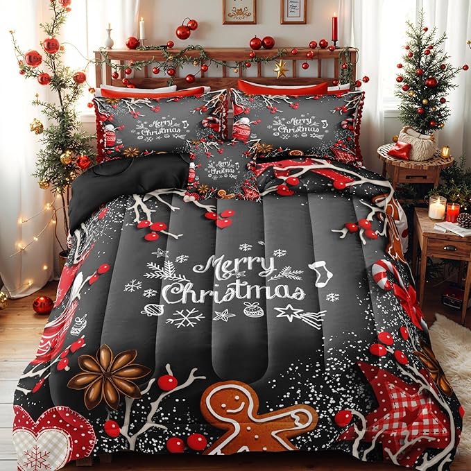 Bedbay Christmas Bedding Set King Size Red Christmas Comforter Set Cute Gingerbread Man and Snowflake Pattern Boys Girls Xmas Festival Bedding 4 Pcs Comforter Set(Xmas,King)