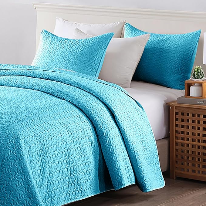 JML Quilts Set, Bedspread Coverlet Set with Pillowcases - 3 Piece Soft and Lightweight Bed Quilt for Spring, Autumn and Summer (Embossed Stripe - Turquoise, Full/Queen(88"x92"))