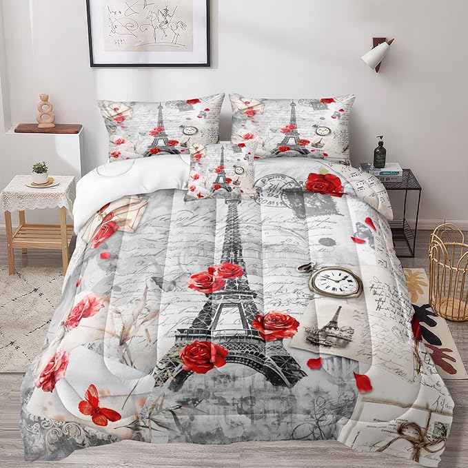 Bedbay Eiffel Tower Comforter Set King Size French Style Bedding Romantic Paris Retro Letter Rose Flowers Printed Paris Room Decor 4-Piece Soft Microfiber Girls Women Quilt Set (Red, King)