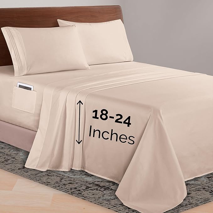 Elegant Comfort Luxurious 1500 Premium Hotel Quality Microfiber 4-Piece Sheet Set, 18-24 Inches Deep - Extra Deep Pocket Sheets - Ultra Soft 4PC Deep Pocket Sheets, Full, Cream