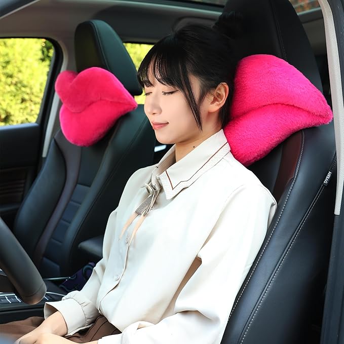 Sexysamba 2 Pack Lip Shaped Car Headrest Pillow, Comfortable Soft Head Rest Cushion Kawaii Car Accessories Cute Car Neck & Seat Pillow for Driving Travelling Office Home Decor - Rose Red Lip