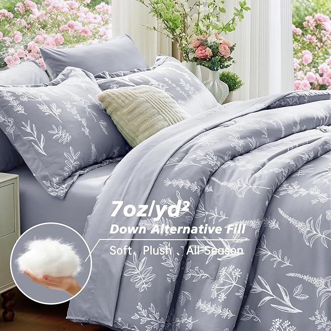 MUXHOMO Light Grey Bed in a Bag Queen 7 Pieces, Queen Comforter Set Reversible Botanical Flowers Design, Ultra Soft & Breathable Bedding Sets with Comforter, Sheets, Pillowcases & Shams