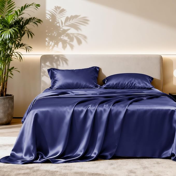 Love's cabin Satin King Sheet Sets - 4 Piece Navy Blue Silky Sheets King Size Bed with Deep Pocket, Luxury Silk Feel King Size Satin Sheet Set (1 Flat Sheet,1 Fitted Sheet,2 Pillow Cases)