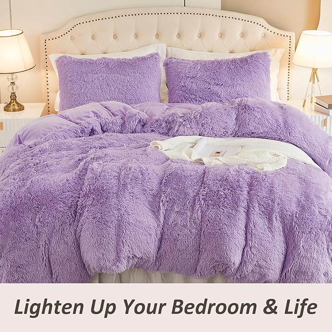 EMME Luxury Purple Fuzzy Duvet Cover Set King Size 3 Pieces Fluffy Comforter Cover Set for King Bed Shaggy and Plush Soft Bedding Duvet Covers (Purple, King)