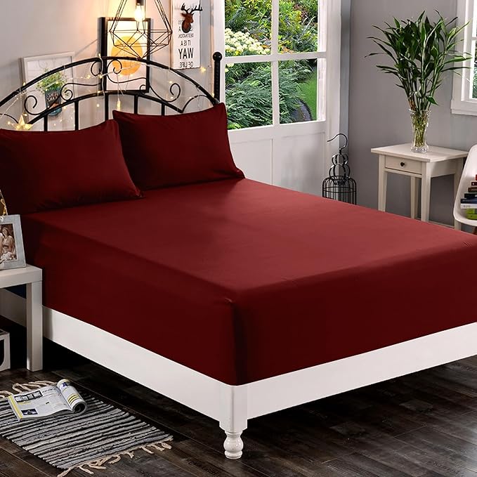 Elegant Comfort 1500 Premium Quality Fitted Sheet Ultra Soft 18-24 Inch Extra Deep Pocket - Single Fitted Sheet for High Mattress - Wrinkle Free with Smart Storage Pockets, Queen, Burgundy