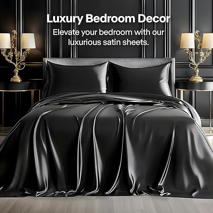 BEDELITE Satin Sheets Full Size Bed Set, Luxury Soft Black Silky Sheets for Hair and Skin, Similar to Silk Bed Sheets Set 4 Pieces with 1 Deep Pocket Fitted Sheet, 1 Flat Sheet, and 2 Pillowcases