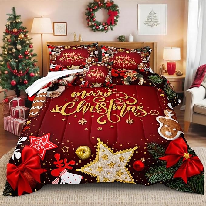 Bedbay Merry Christmas Bedding Queen Comforter Set Red Chritsmas Quilt Set Lightweight Down Comforter 4 Pcs Xmas Festival Theme Bedding Set 1 Comforter 2 Pillowcases 1 Cushion Cover(Red,Queen)