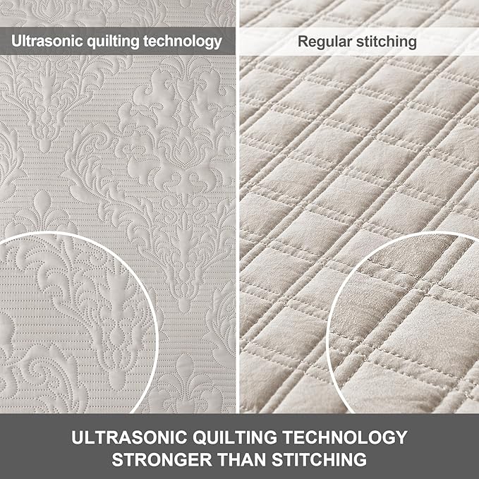 Hansleep Cream Quilt Twin Size - Damask Ultrasonic Summer Bedspread Twin, Soft Lightweight Coverlet Bedding Set, 2 Pieces (1 Quilt, 1 Pillow Shams)