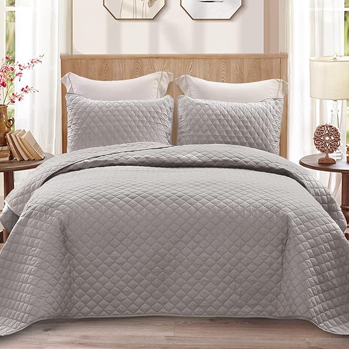 Exclusivo Mezcla Reversible Twin Quilt Bedding Set with Pillow Sham, Lightweight Quilts Twin Size, Soft Bedspreads Bed Coverlets for All Seasons - (Light Grey, 68"x88")