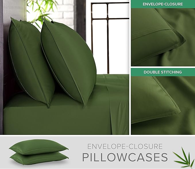 Pure Bamboo King Sheets, Genuine 100% Organic Viscose Derived from Bamboo Bed Sheet Set, Luxuriously Soft & Cooling, Double Stitching, 2 Year Quality Promise (King, Pesto)
