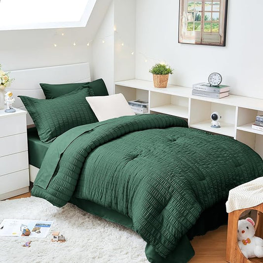HYMOKEGE Emerald Green Twin XL Comforter Set Seersucker 5 Pieces, All Season Luxury Bed in a Bag for Bedroom, Bedding Set with Comforter, Sheets, Pillowcase & Sham