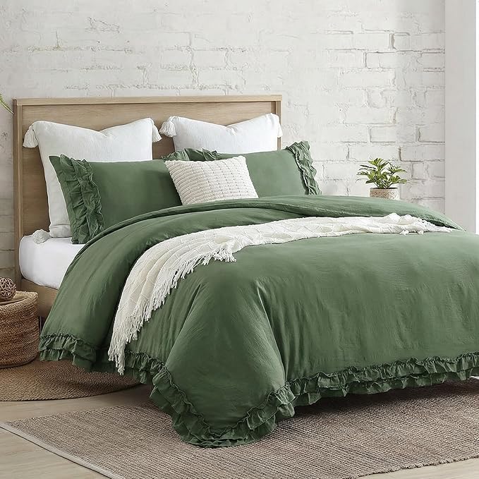 Bedorm Boho Twin Duvet Cover Olive Green Bedding Set Shabby Chic Lace Fringe Ruffle Bedding Super Soft Warm Farmhouse Comforter Cover 3 Pcs Sets