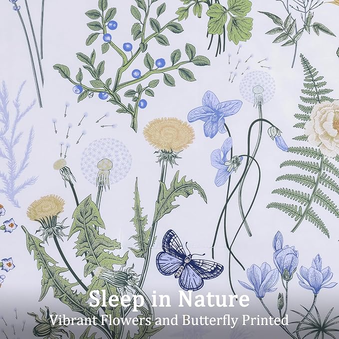 Yiran King Size Comforter Set, 7 Pieces Blue White Floral Soft Bedding Sets, King Bed in a Bag Botanical Flowers All Season Comforter, Sheets, Pillowcases & Shams