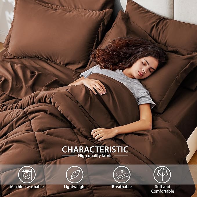 Love's cabin King Size Comforter Set Brown, 7 Pieces King Bed in a Bag, All Season Bedding Sets with 1 Comforter, 1 Flat Sheet, 1 Fitted Sheet, 2 Pillowcase and 2 Pillow Sham