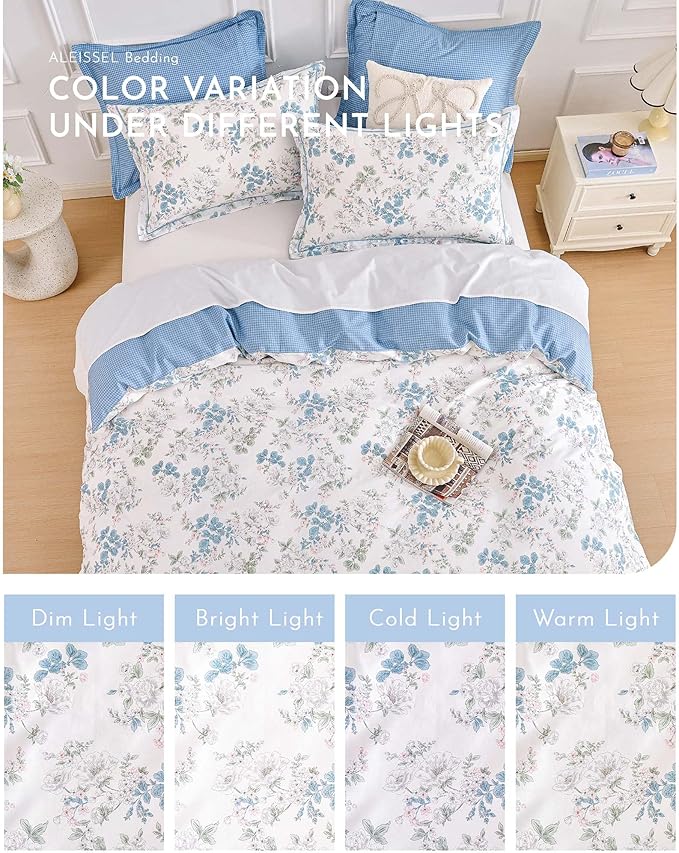 French Country 100% Natural Cotton Duvet Cover Sets 3Pcs - Delicate Pastel Floral Print on White with Soft Blue Mini Check Reverse, Neutral Bedding Set with Button Closure(King,104"×90"