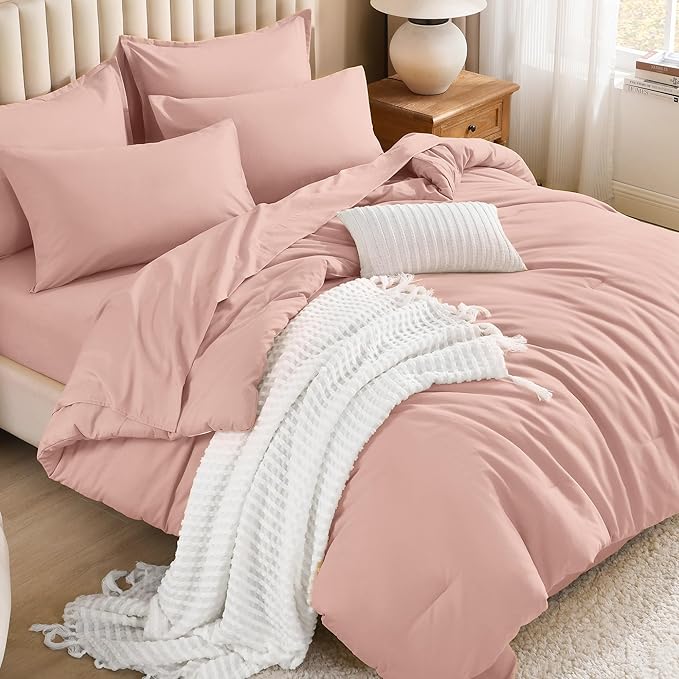 Litanika Comforter California King Size Set Blush Pink - 7 Pieces Bed in a Bag California King Bedding Comforter Sets, Plain Lightweight Bed Set with Comforter, Sheets, Pillowcases & Shams