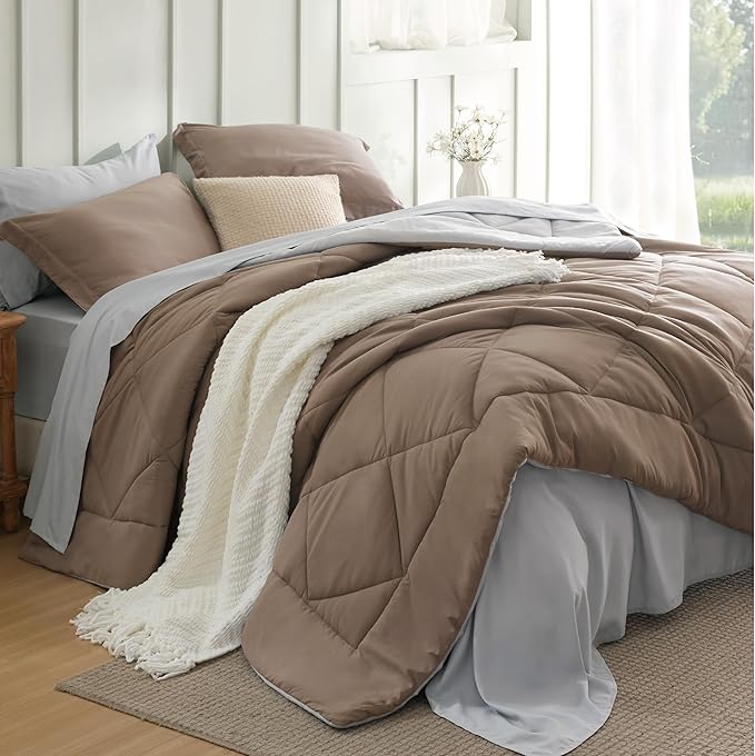 Bedsure Queen Comforter Set - 7 Pieces Reversible Brown Bedding, Queen Size Bed Set for All Seasons, Bed in a Bag with Down Alternative Comforter, Sheets, Pillowcases & Shams