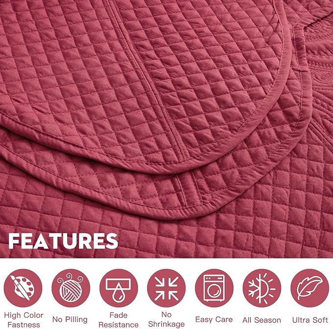 Oversized King Bedspread 128x120 Extra Wide, Paisley Pattern Design, Lightweight Bedding Cover, Reversible, 5 Piece, 100% Microfiber, Wine Red