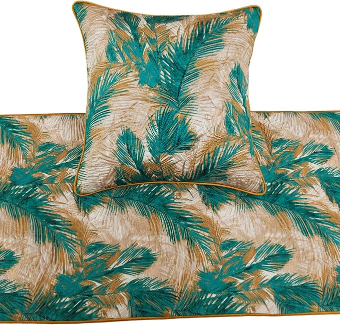 The HomeCentric King/Queen/Twin Green Decorative King 90"x18" Bed Runner Without Pillow Cover, Plam Leaves & Quilted Bed Scarf on Satin Fabric - Palms