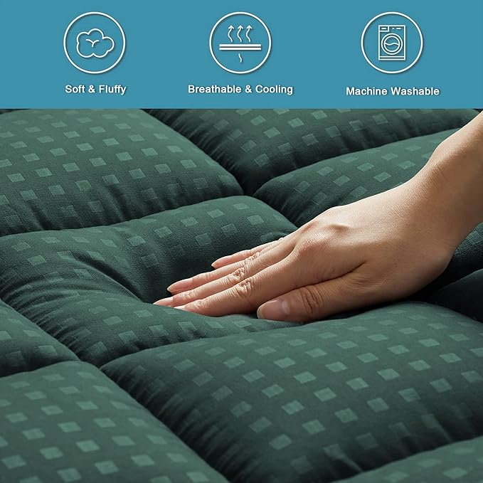 HYLEORY Twin Mattress Pad Quilted Fitted Mattress Protector Cooling Pillow Top Mattress Cover Breathable Fluffy Soft Mattress Topper with 8-21" Deep Pocket, Green