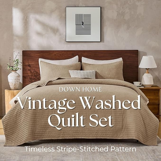 DOWN HOME Twin Quilt Bedding Set with Sham, Vintage Washed Soft Quilted Blanket Thin Comforter Lightweight Bedspread Coverlet Bed Cover, Brushed Microfiber Stripe Stitching, Brown, 66"x92"