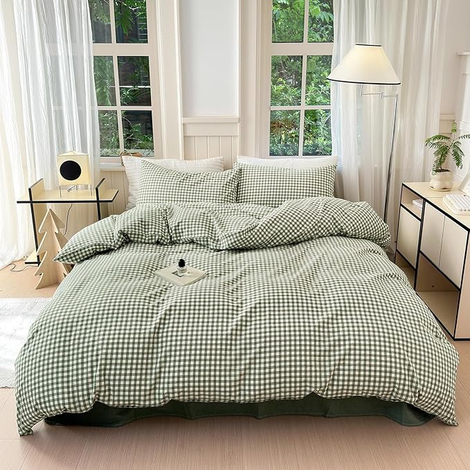 LifeTB Green Gingham Comforter Set Full Size Boho Plaid Checkered Pattern Comforter Geometric Grid Plaid Printed Bedding Comforter Set with 2 Pillowcases Fluffy Soft Gingham Bedding Set Full Size