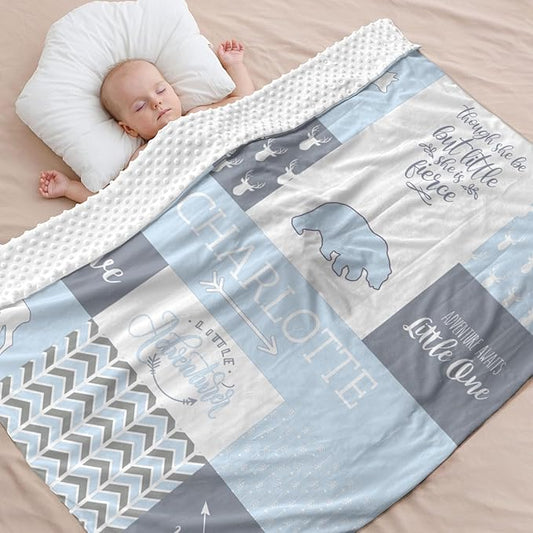 Personalized Baby Blanket Cute Animal Blanket for Girls - Soft Double Layer with Dotted Backing, Toddler to Newborn, Shower Gifts, Light Blue (35 X 45 inches)
