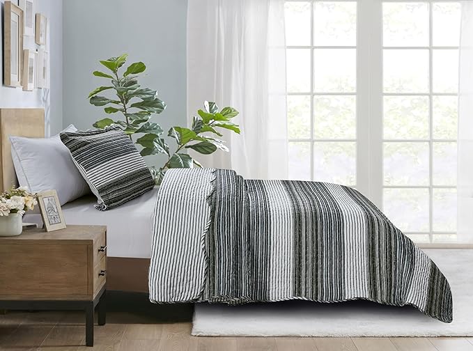 Brilliant Sunshine Multi Grey Stripes Patchwork, 2-Piece Quilt Set with 1 Sham, Reversible Bedspread, Soft Lightweight Coverlet, All-Season, Twin, Multi Grey