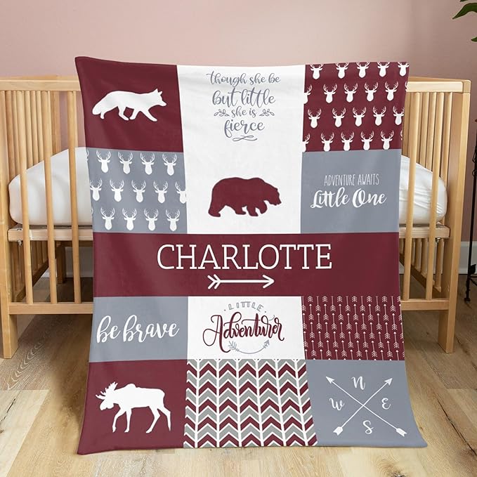 Custom Bear Baby Blanket for Girls, Baby Blanket with Name - 35 x 45 Blankets with Double Layer Dotted Backing - Shower Gifts for Nursery - Essential Bebe Stuff, Deep Red
