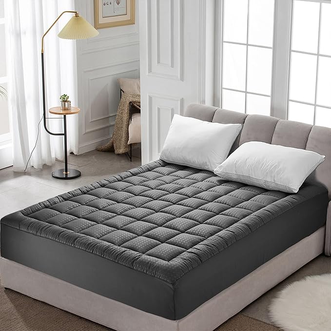 HYLEORY California King Mattress Pad Quilted Fitted Mattress Protector Cooling Pillow Top Mattress Cover Breathable Fluffy Soft Mattress Topper with 8-21" Deep Pocket, Dark Grey