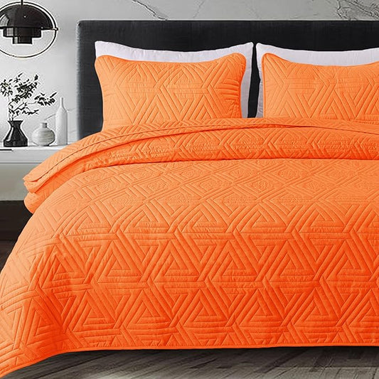 Whale Flotilla Soft Queen Size Quilt Set for All Seasons, 3-Piece Ultrasonic Geometric Quilts Bedding Set, Lightweight Reversible Bedspread, Coverlet, Bed Cover with 2 Pillow Shams, Orange