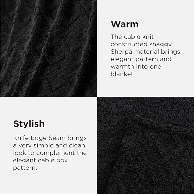 Bedsure Gentlesoft Sherpa Fleece Throw Blanket for Couch - Fluffy & Cozy Cable Jacquard Tufted Throw for Women Gift, Thick and Warm Christmas Blanket for Winter, Black, 50x60 Inches
