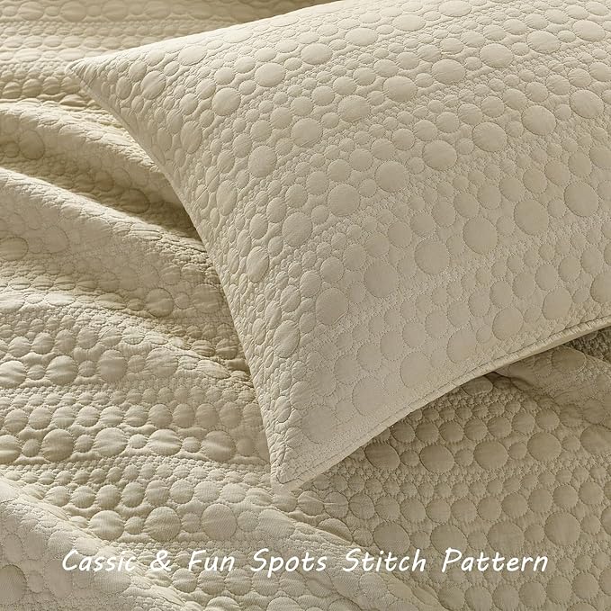 HORIMOTE HOME Quilt Set Twin Size Brich Beige, Classic Geometric Spots Stitched Pattern, Pre-Washed Microfiber Chic Rustic Look, Ultra Soft Lightweight Quilted Bedspread for All Season, 2 Pieces
