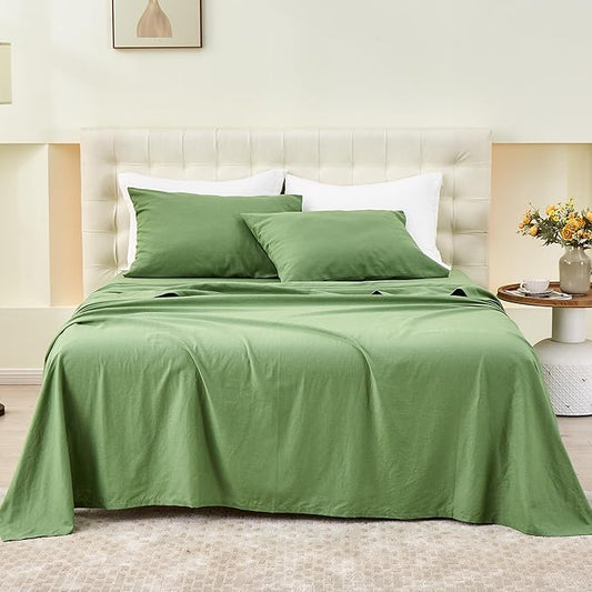 Simple&Opulence Belgian Linen Sheet Set Solid Color - 4 Pieces (1 Flat Sheet & 1 Fitted Sheet & 2 Pillowcases) Natural Flax Cotton Blend Soft Bedding Breathable Farmhouse - Khaki Green, King Size