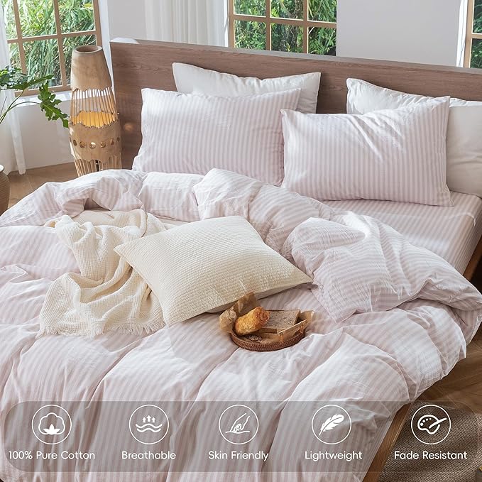 MooMee Striped Duvet Cover Set 100% Washed Cotton Linen Like Textured Breathable Durable Soft Comfy (Heathered Greyish Pink Classic Stripes, Palatial King/Oversized King 120"x98")