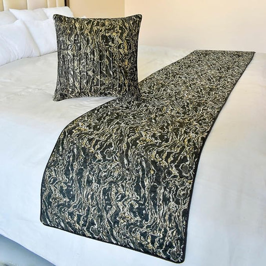 The HomeCentric King/Queen/Twin Black Decorative Bed Runner King 90"x18" Bed Runner Without Pillow Cover, Marble Pattern, Pintucks, Quilted Bed Scarf on Jacquard Fabric - Stellaris