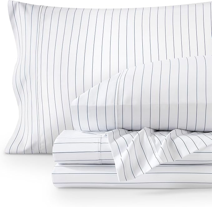 Bare Home Ultra-Soft Microfiber Split King Bed Sheets - Deep Pockets - Easy Fit - 5 Piece Set - Pinstripe (White/Marine)